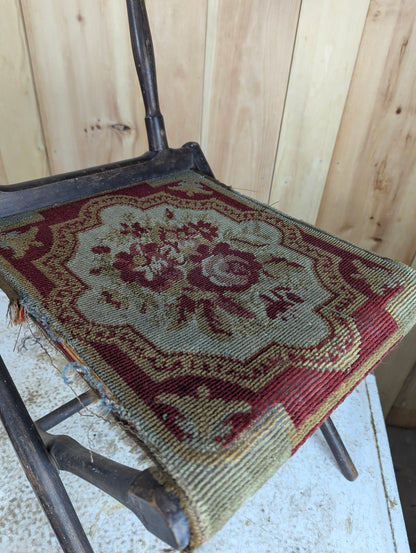 19th Century Folding Camp Chair with Needlepoint Tapestry Carpet Seat
