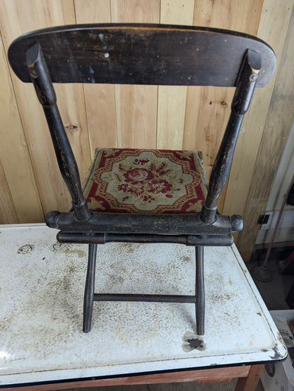19th Century Folding Camp Chair with Needlepoint Tapestry Carpet Seat