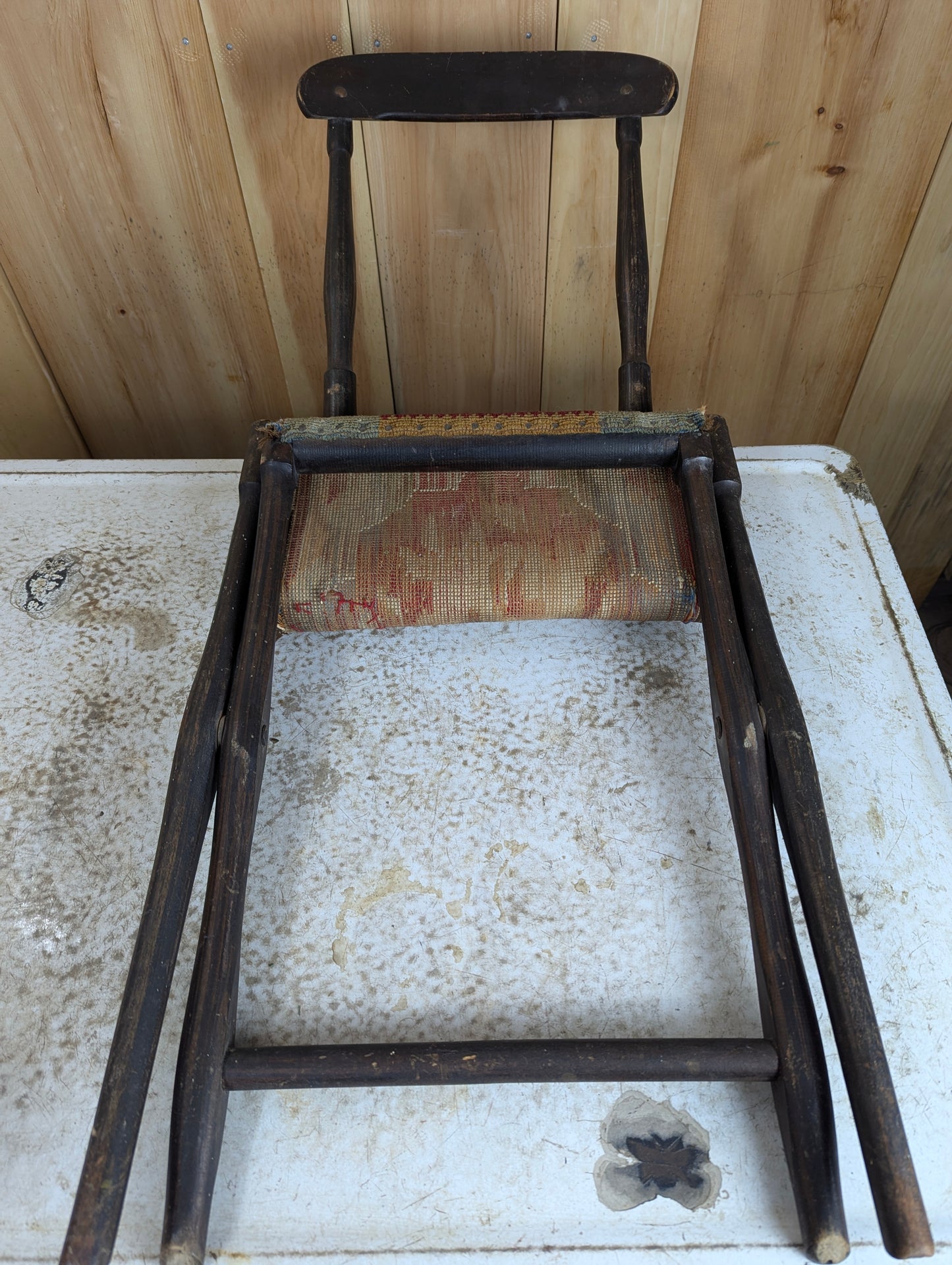 19th Century Folding Camp Chair with Needlepoint Tapestry Carpet Seat