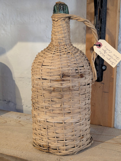 Antique Wicker Wrapped Aqua Glass Carboy