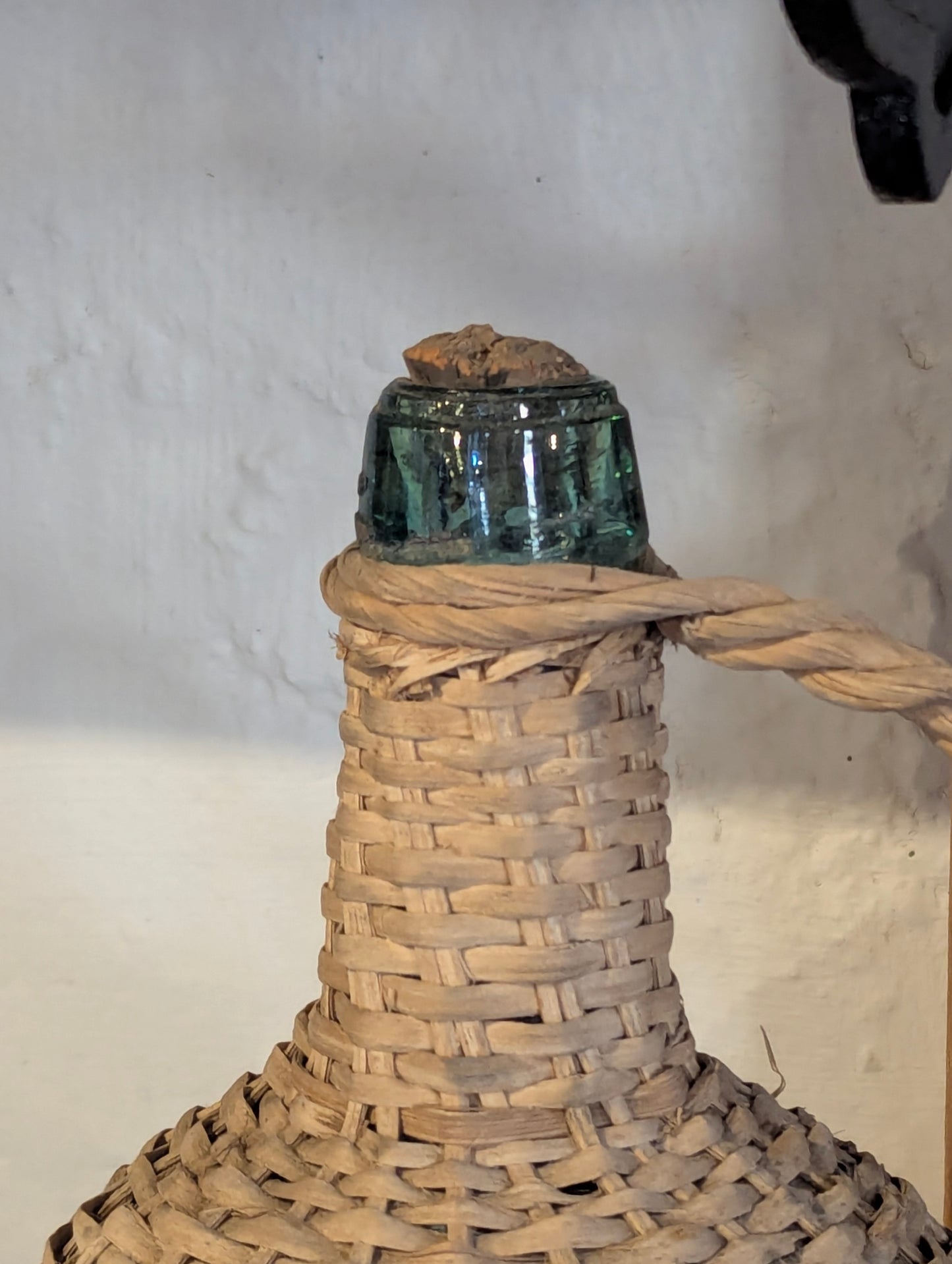 Antique Wicker Wrapped Aqua Glass Carboy