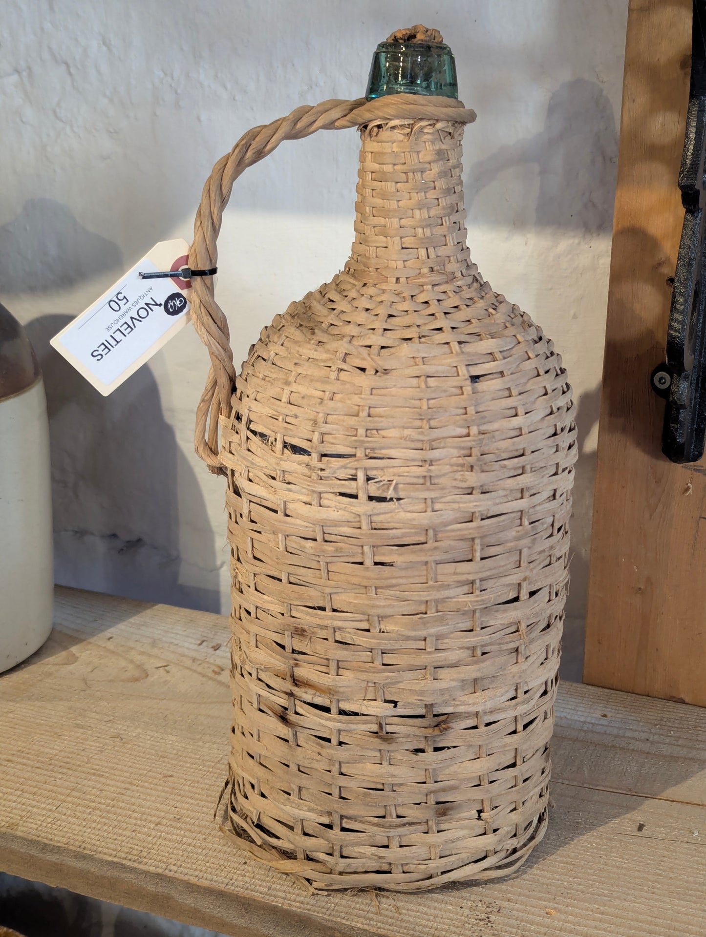 Antique Wicker Wrapped Aqua Glass Carboy