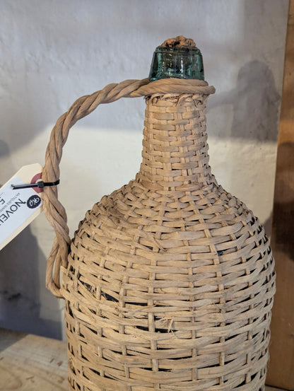Antique Wicker Wrapped Aqua Glass Carboy