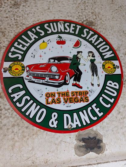 1957 Porcelain 12” Stella’s Sunset Station Gas Station Advertisement