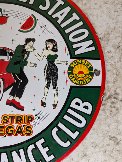 1957 Porcelain 12” Stella’s Sunset Station Gas Station Advertisement