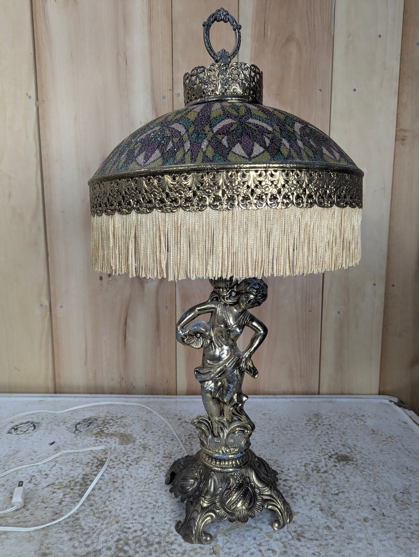 Vintage Spelter Tiffany Style  Figural Table Lamp
