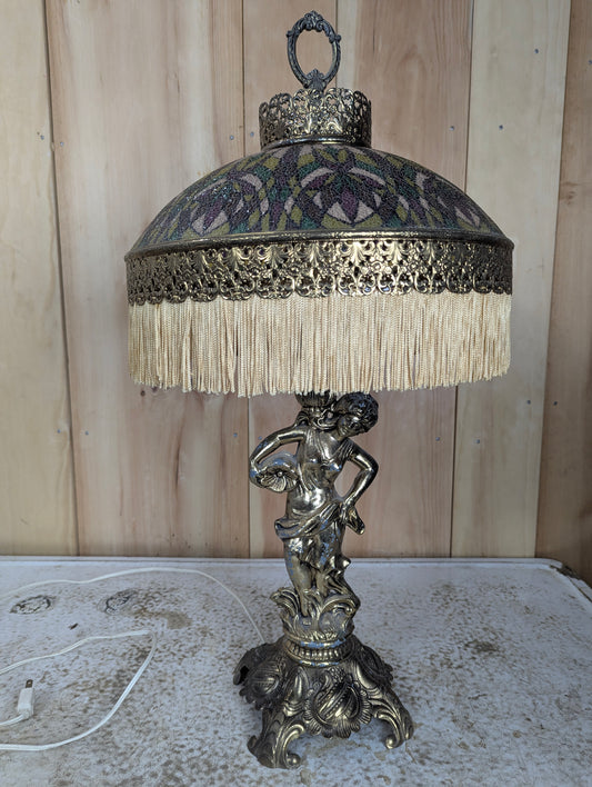 Vintage Spelter Tiffany Style  Figural Table Lamp