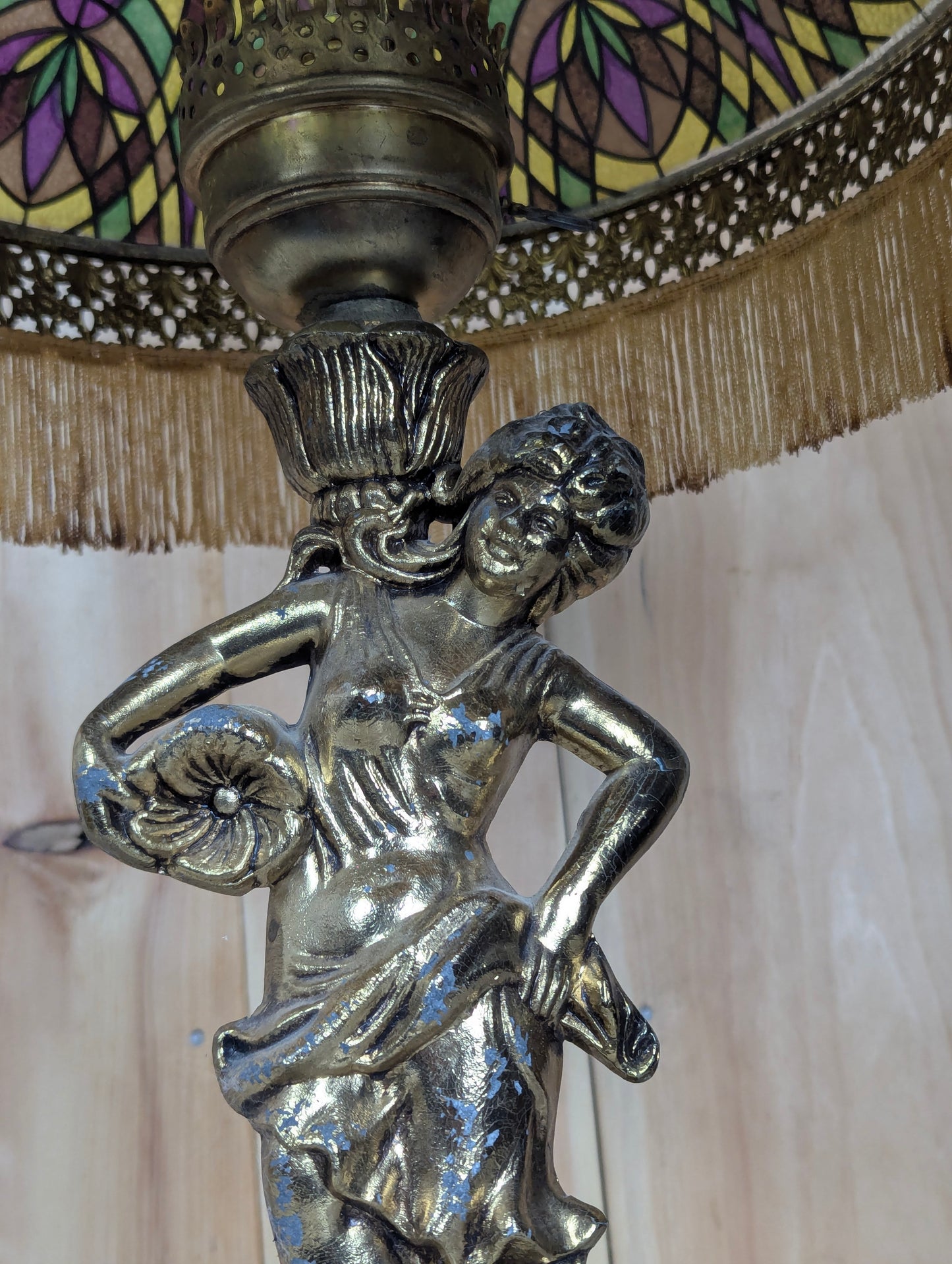 Vintage Spelter Tiffany Style  Figural Table Lamp