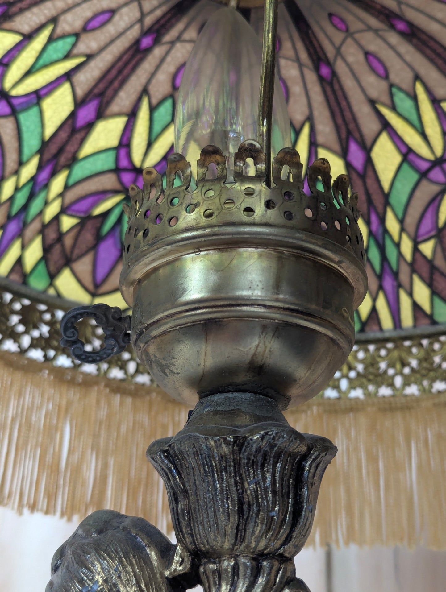 Vintage Spelter Tiffany Style  Figural Table Lamp