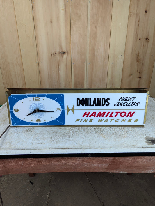 Vintage Donlands Credit Jewellers Hamilton Fine Watches Light Up Sign with Built In Clock