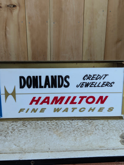 Vintage Donlands Credit Jewellers Hamilton Fine Watches Light Up Sign with Built In Clock