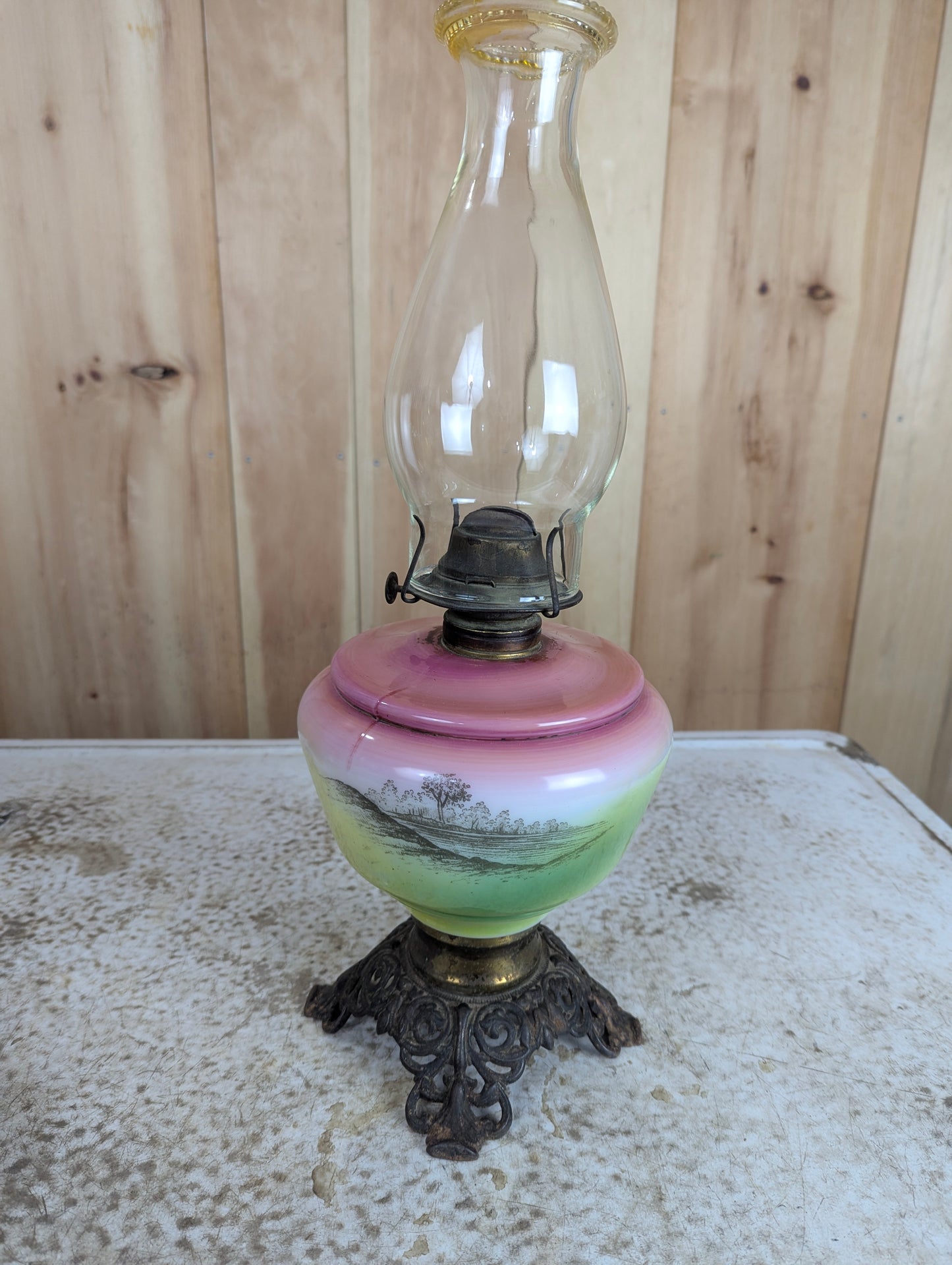 Antique Pastoral Printed Scene Oil Lamp