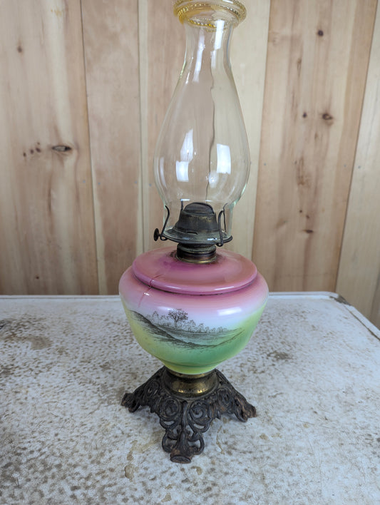 Antique Pastoral Printed Scene Oil Lamp