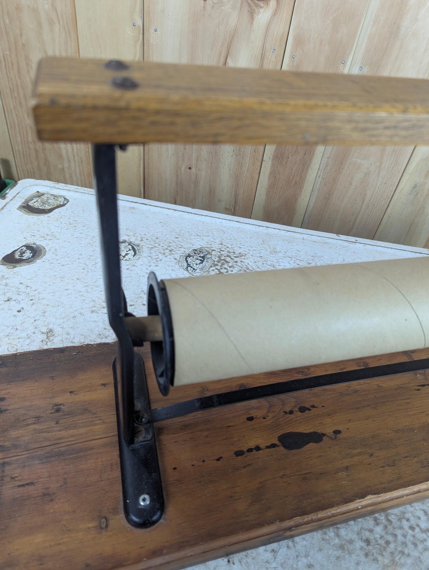 Vintage Butcher Paper Dispenser Mounted on Wooden Board