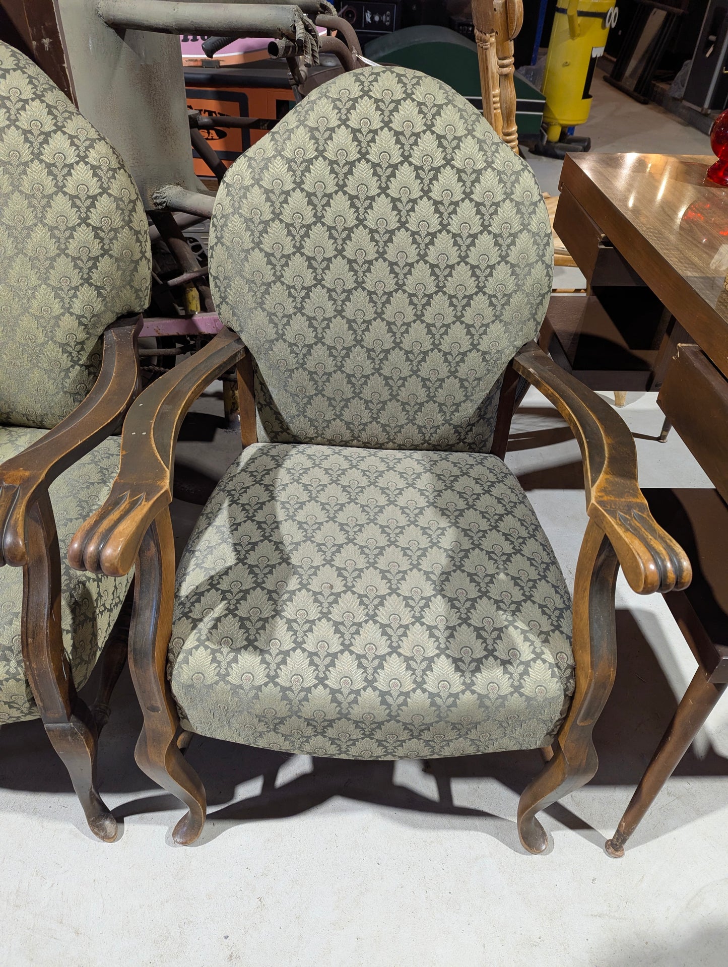 Vintage Green Carved Wood Armchair