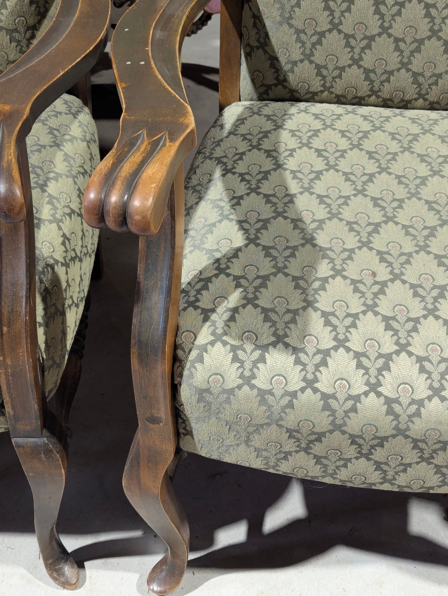 Vintage Green Carved Wood Armchair