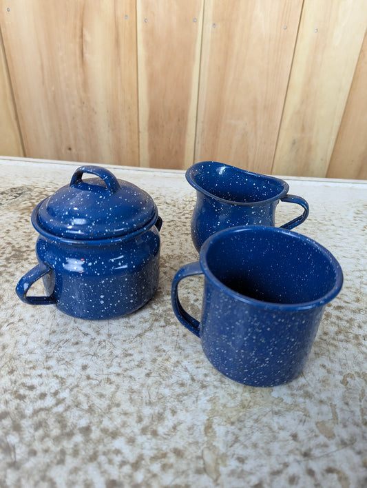 Blue & White Speckled 3 Piece Enamelware set of Creamer, Sugar Bowl and Mug