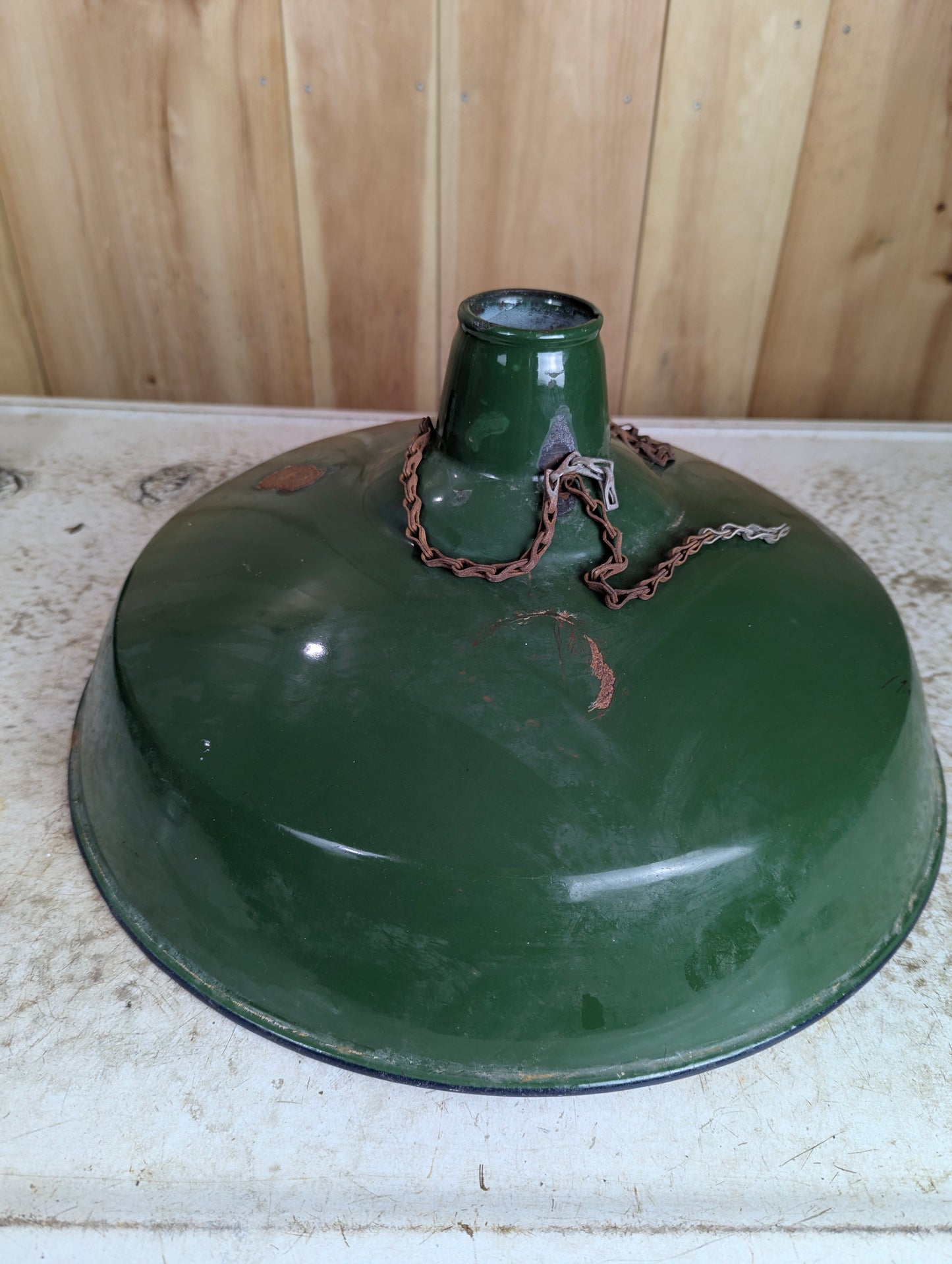 Vintage 16” Green Enamel Light Shade with Metal Chains at top