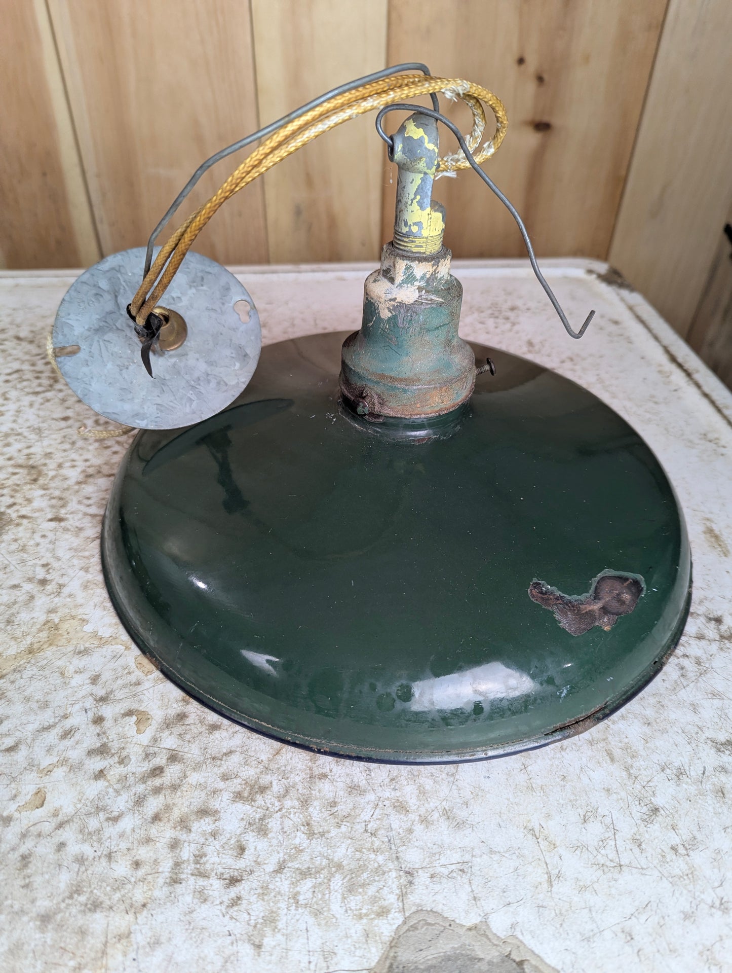Vintage 12” Green Enamel Light Shade with Socket & Wiring