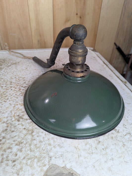 Vintage 10” Green Enamel Light Shade with Brass Arm & Socket