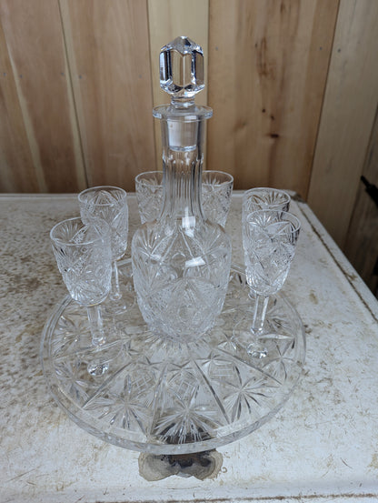 Vintage Cut Crystal Decanter with 6 Sherry Glasses and Footed Round Tray