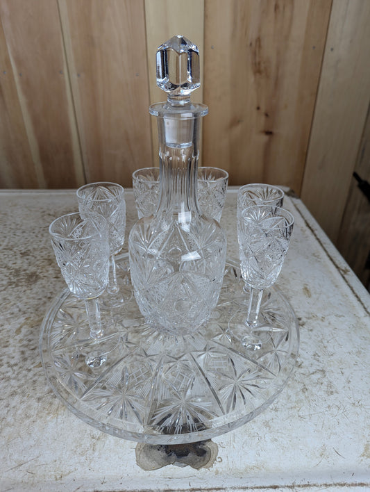 Vintage Cut Crystal Decanter with 6 Sherry Glasses and Footed Round Tray