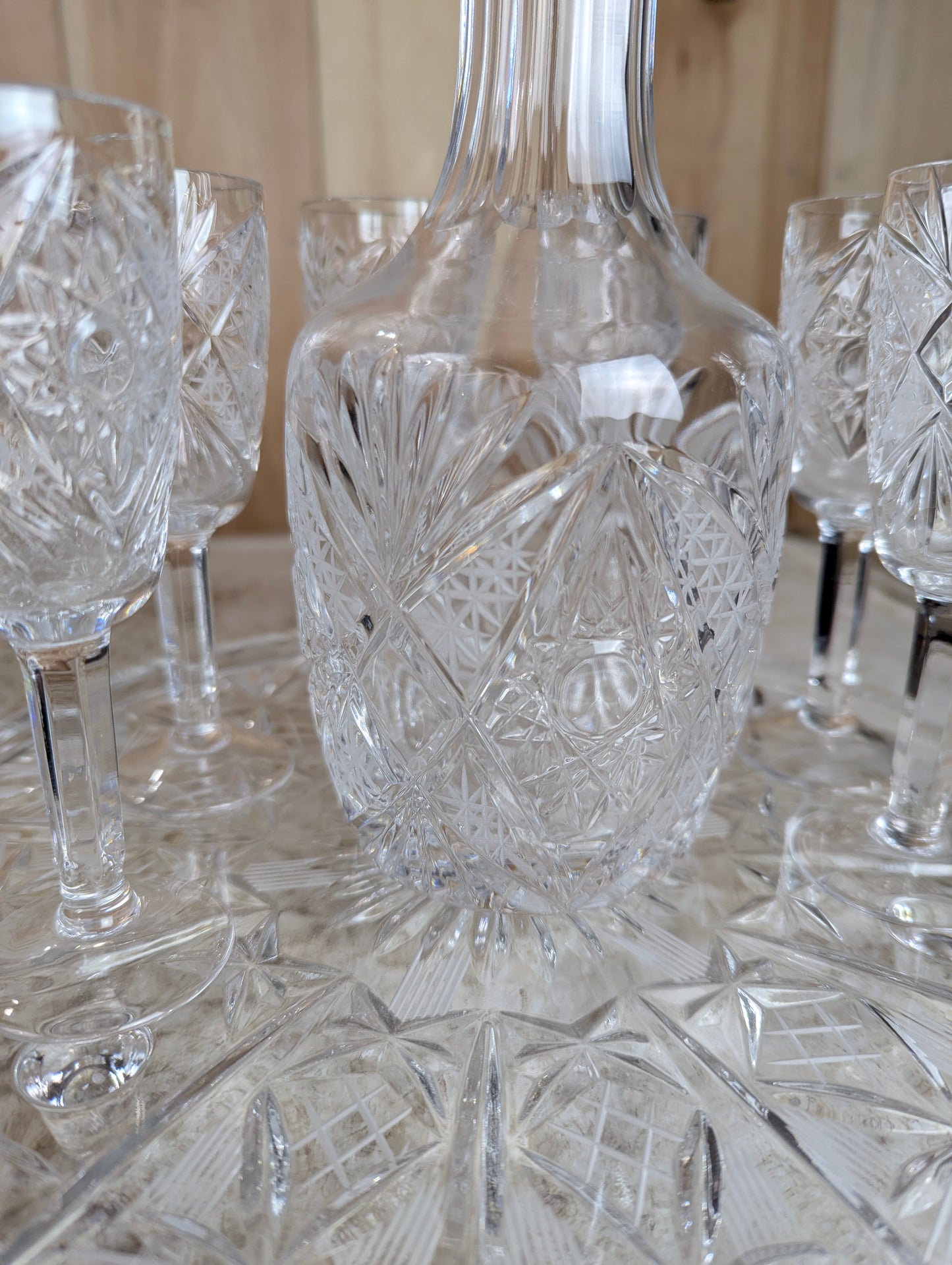 Vintage Cut Crystal Decanter with 6 Sherry Glasses and Footed Round Tray