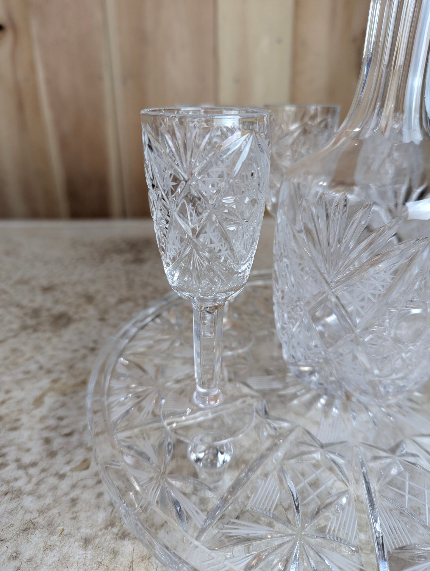 Vintage Cut Crystal Decanter with 6 Sherry Glasses and Footed Round Tray