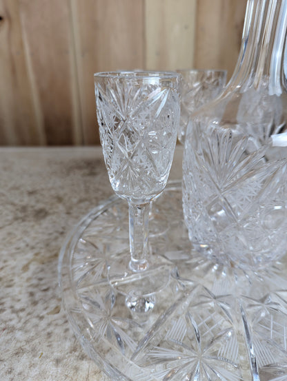 Vintage Cut Crystal Decanter with 6 Sherry Glasses and Footed Round Tray
