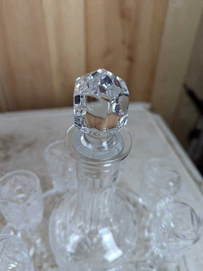 Vintage Cut Crystal Decanter with 6 Sherry Glasses and Footed Round Tray