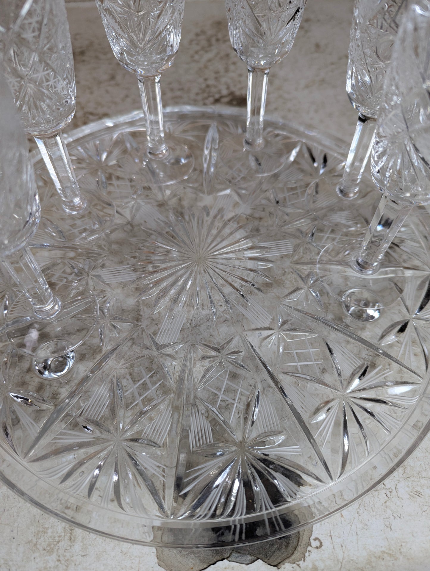 Vintage Cut Crystal Decanter with 6 Sherry Glasses and Footed Round Tray