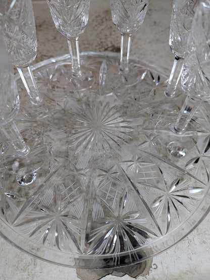Vintage Cut Crystal Decanter with 6 Sherry Glasses and Footed Round Tray
