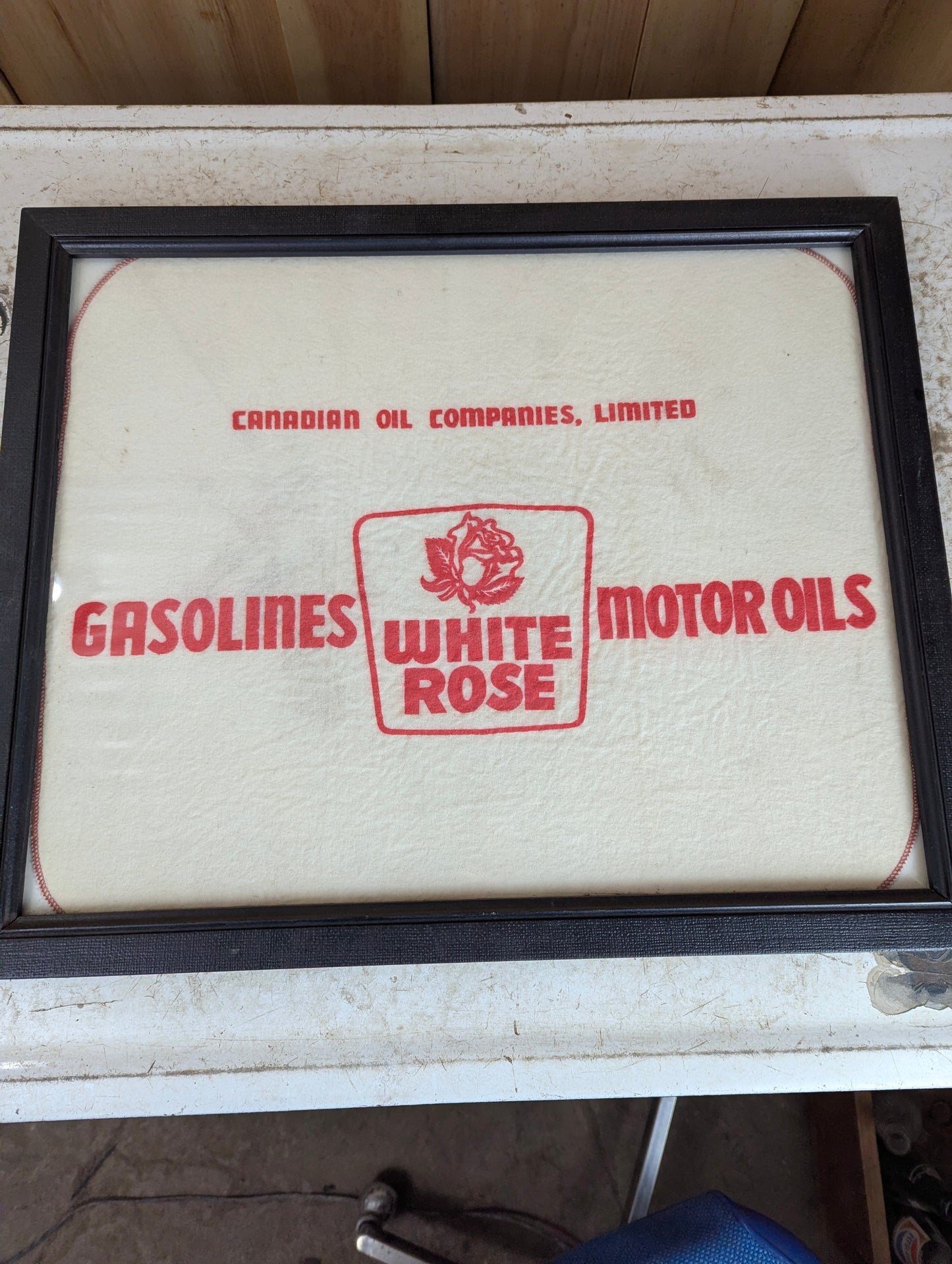 Vintage Framed White Rose Motor Oils Cloth