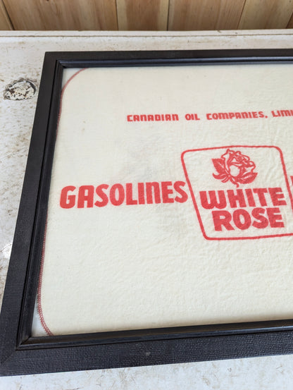 Vintage Framed White Rose Motor Oils Cloth