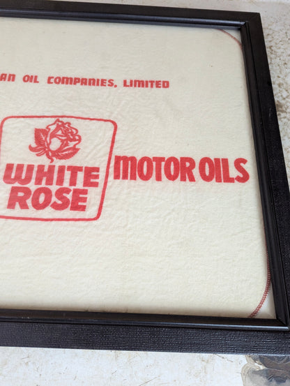 Vintage Framed White Rose Motor Oils Cloth