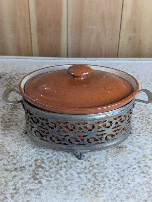 Vintage Guernsey Cookware Casserole Dish with Lid in Footed Metal Carrier