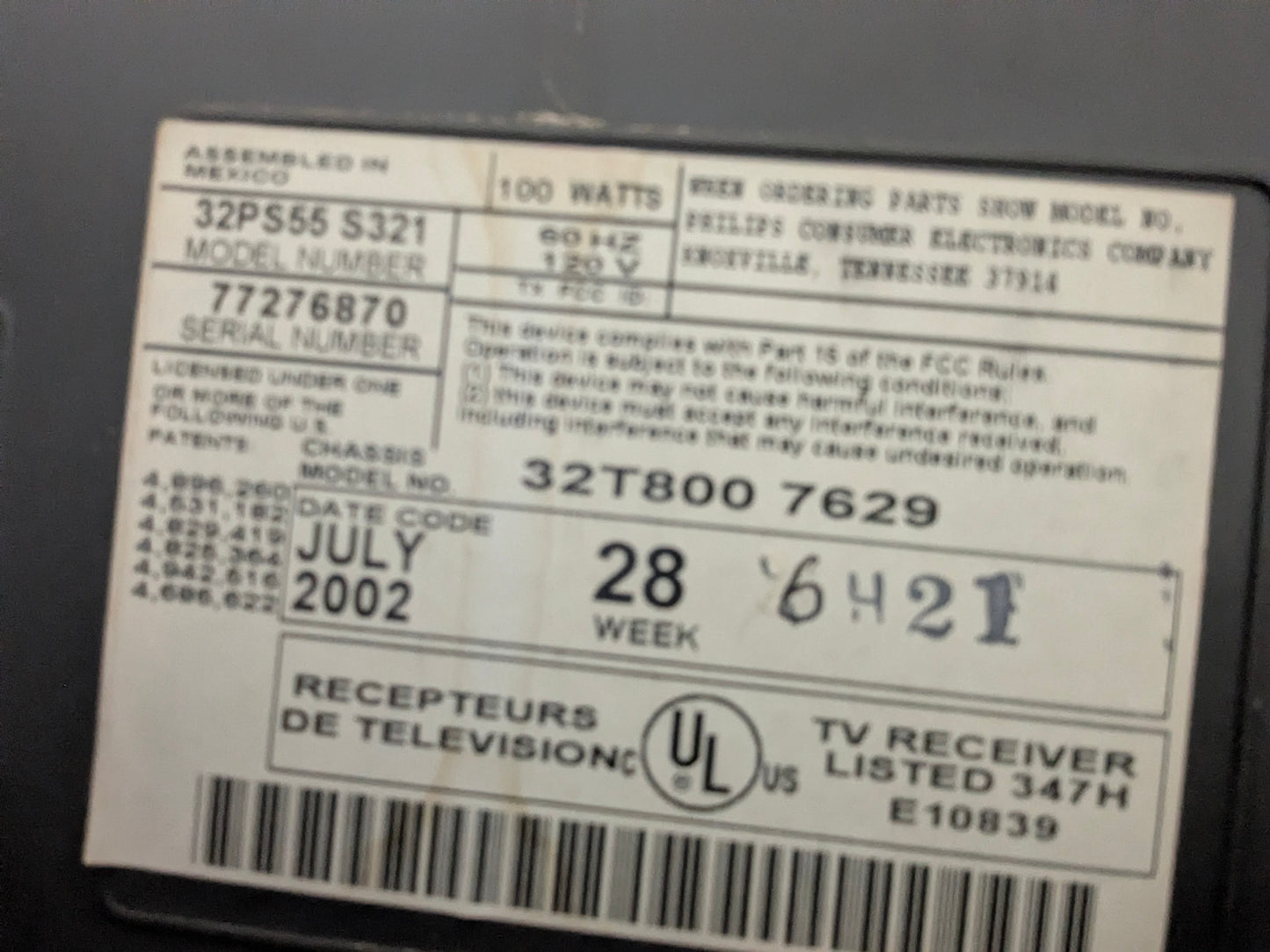 Phillips Model 32PS55-S321  CRT 32” TV with Remote