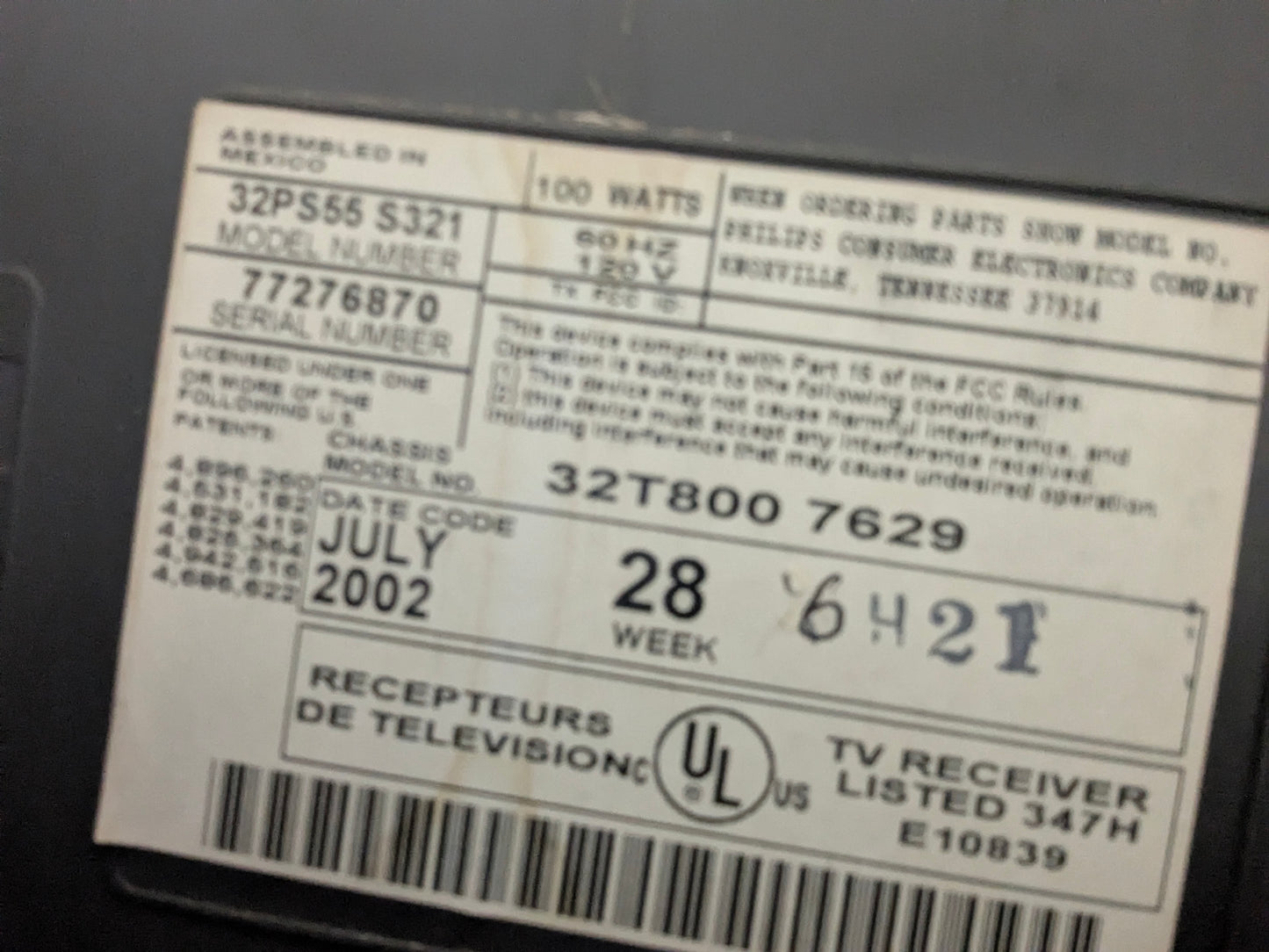 Phillips Model 32PS55-S321  CRT 32” TV with Remote