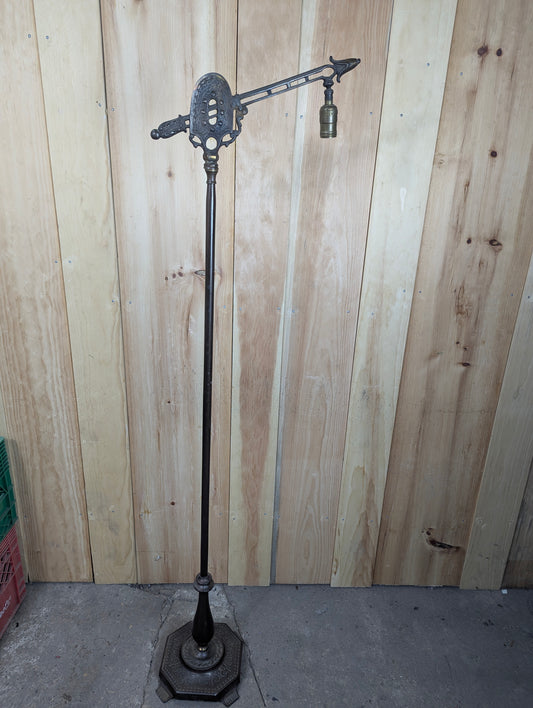 1920s Art Nouveau Cast Iron Bridge Arm Floor Lamp