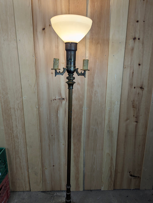 Antique 1920s Art Deco Torchiere Floor Lamp with Milk Glass Shade
