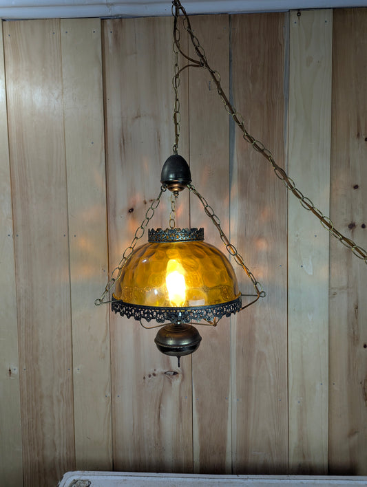 Vintage Thumbprint Amber Glass Swag Hanging Lamp