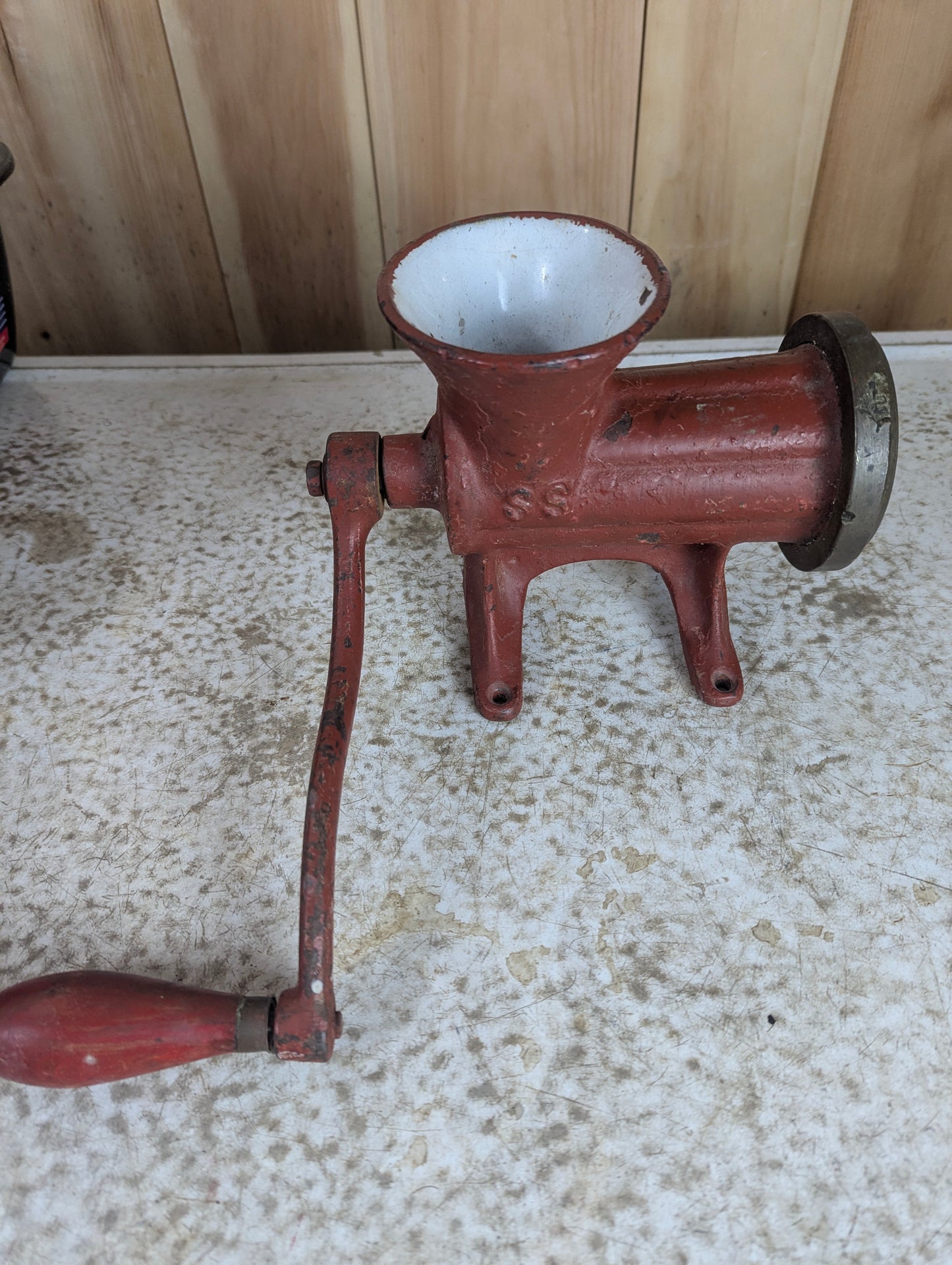 Vintage Bench Mount Meat Grinder with Enamel Interior