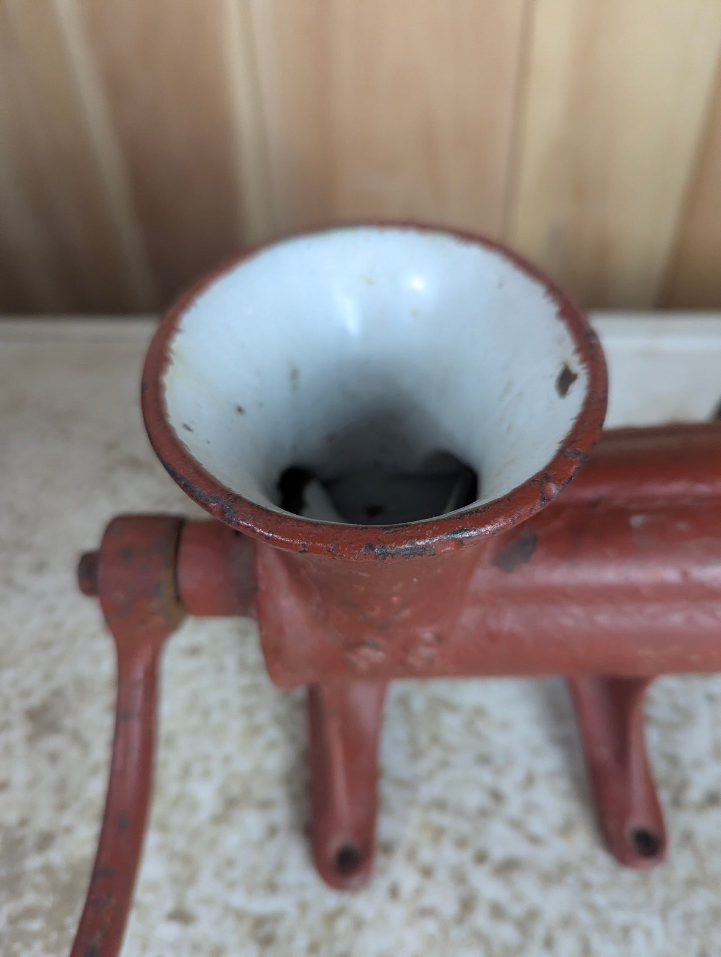 Vintage Bench Mount Meat Grinder with Enamel Interior