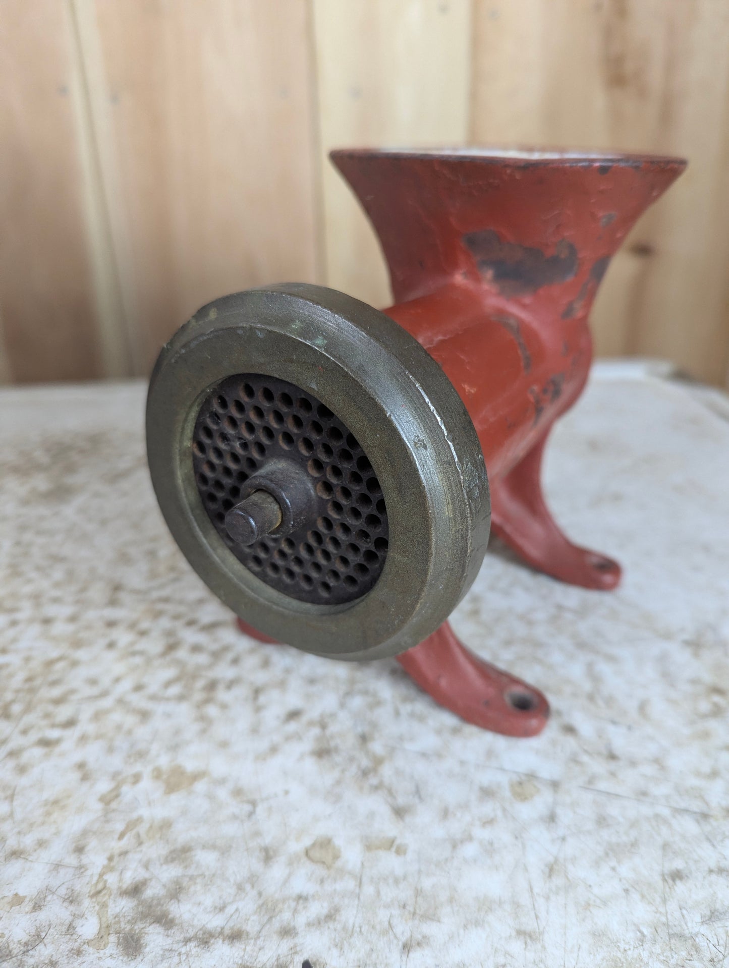 Vintage Bench Mount Meat Grinder with Enamel Interior