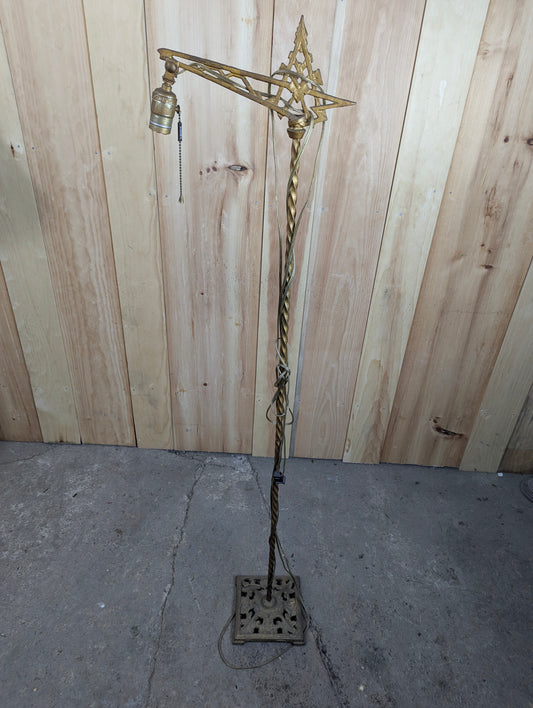 Antique Art Deco Bridge Arm Floor Lamp with Twisted Wrought Iron Neck