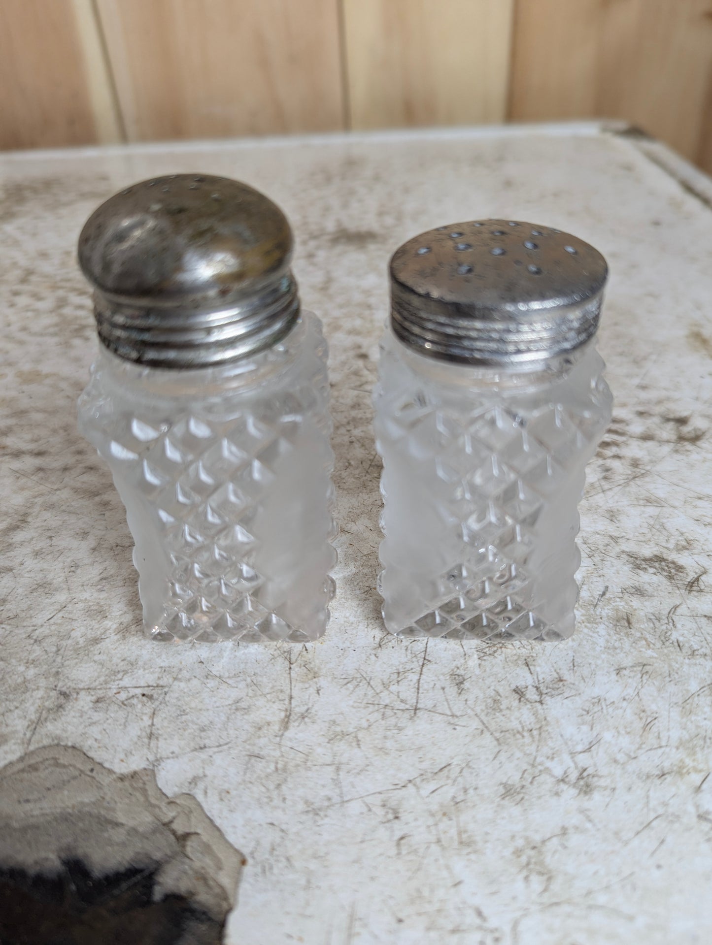 Pair of Vintage Diamond Pattern Cut Glass Salt and Pepper Shakers