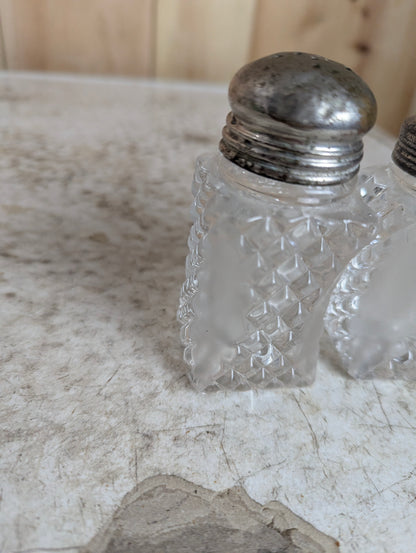 Pair of Vintage Diamond Pattern Cut Glass Salt and Pepper Shakers