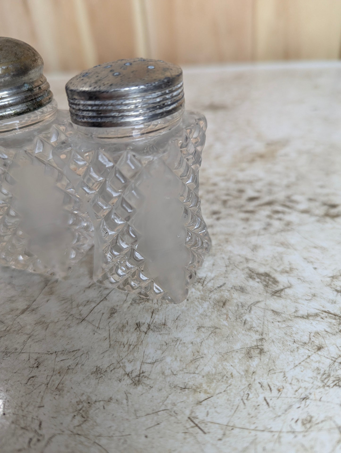 Pair of Vintage Diamond Pattern Cut Glass Salt and Pepper Shakers
