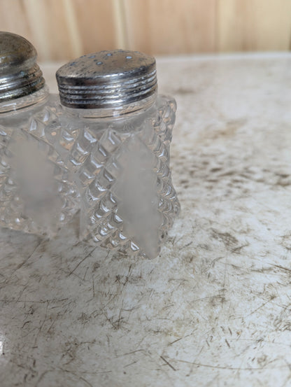 Pair of Vintage Diamond Pattern Cut Glass Salt and Pepper Shakers