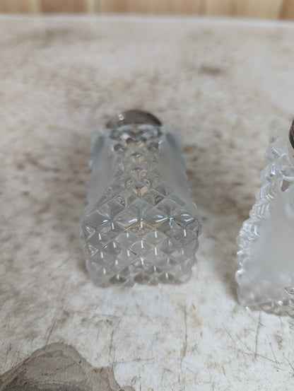 Pair of Vintage Diamond Pattern Cut Glass Salt and Pepper Shakers
